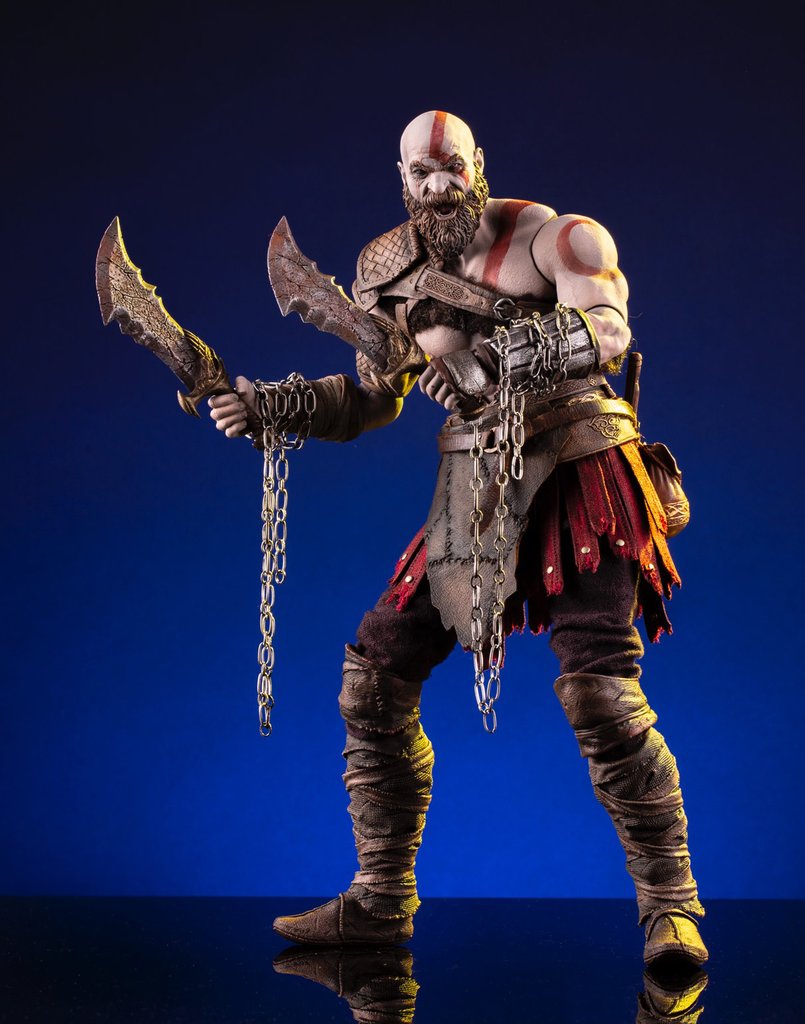 Kratos collectible figure holding the Blades of Chaos, developed for Mondo.