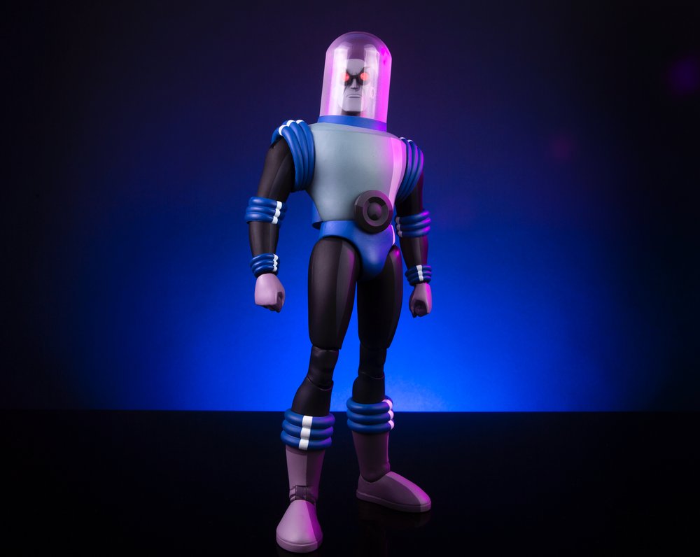 Mr. Freeze collectible figure photographed against blue and magenta studio lighting for Mondo.