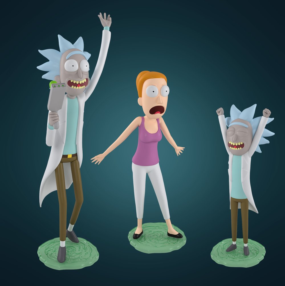 Three Rick and Morty mini figure sculpts, including Rick and Summer, developed for J!NX.