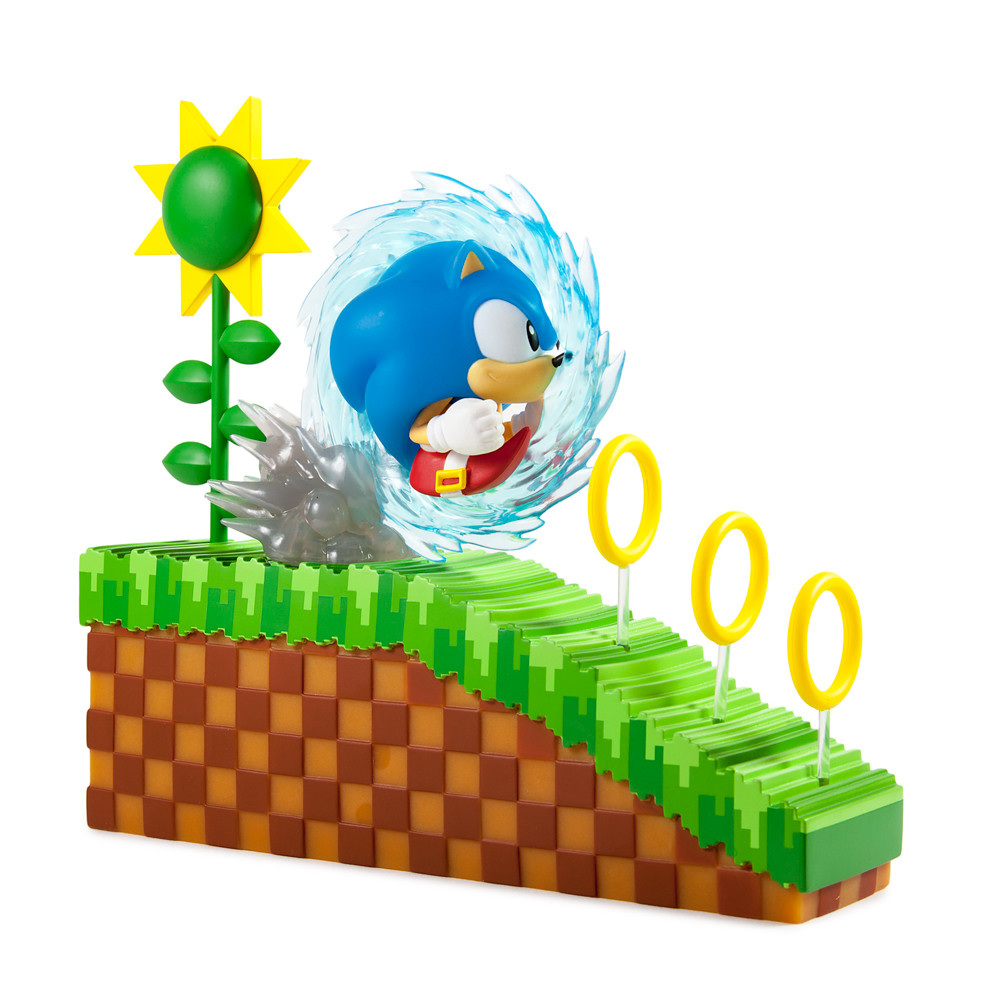 Sonic the Hedgehog running through a ring on a Green Hill Zone display base for Kidrobot.