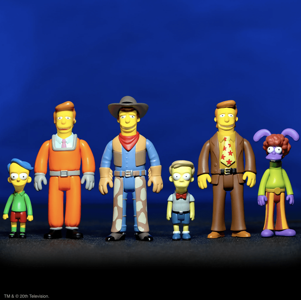 Troy McClure and supporting Simpsons characters in the Super7 ReAction figure collection.