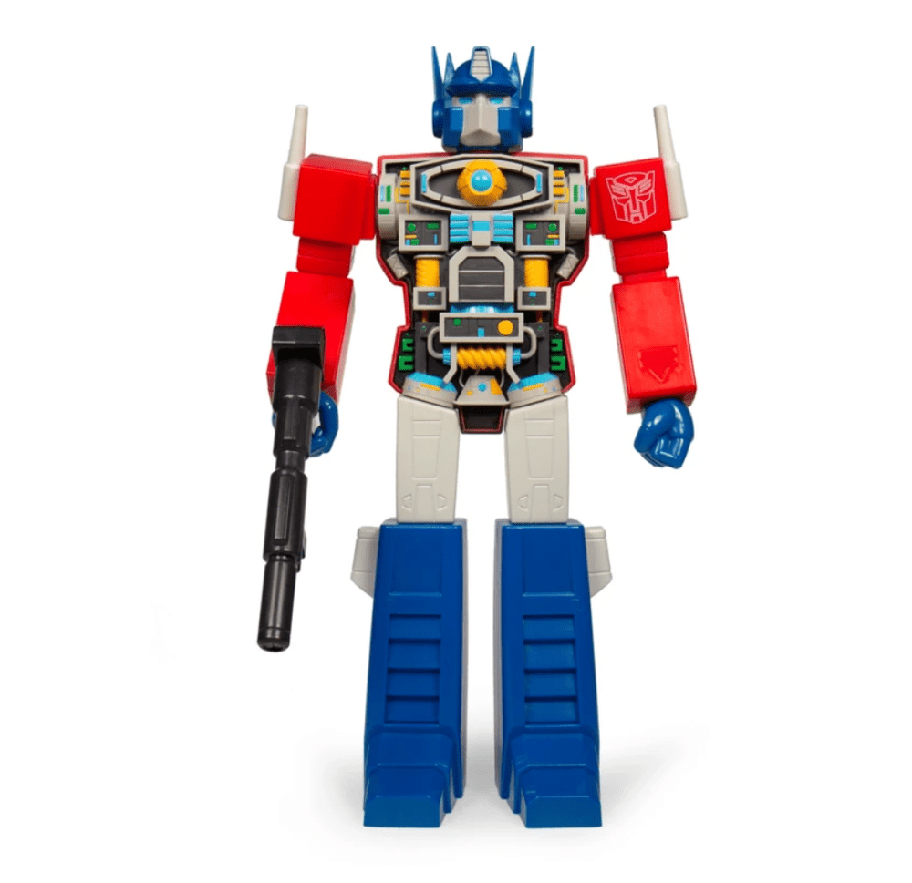 Optimus Prime Super Cyborg figure with exposed mechanical chest details for Super7.