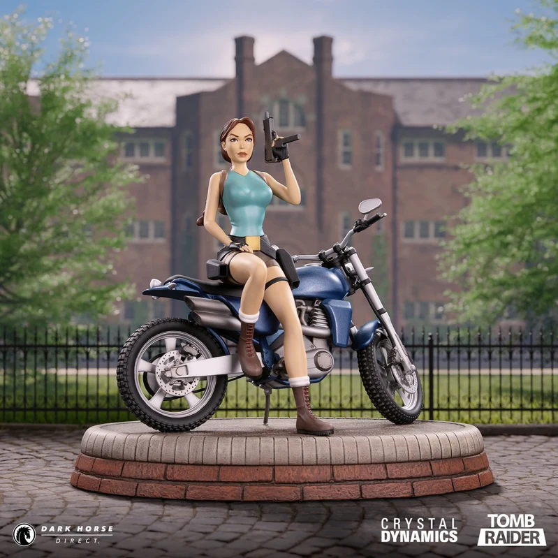 Lara Croft collector statue with a motorcycle and display base, from Bigshot Toyworks’ portfolio.