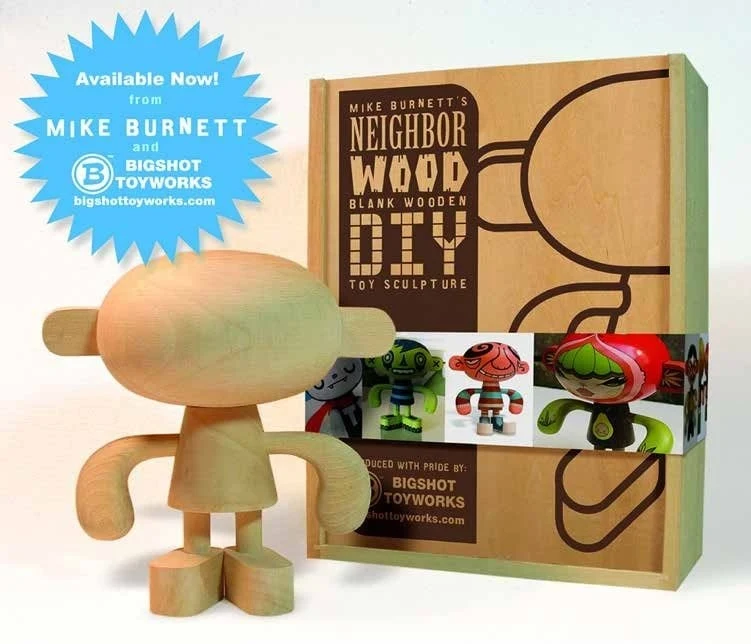 Mike Burnett NeighborWOOD wooden DIY figure and packaging from Bigshot Toyworks.